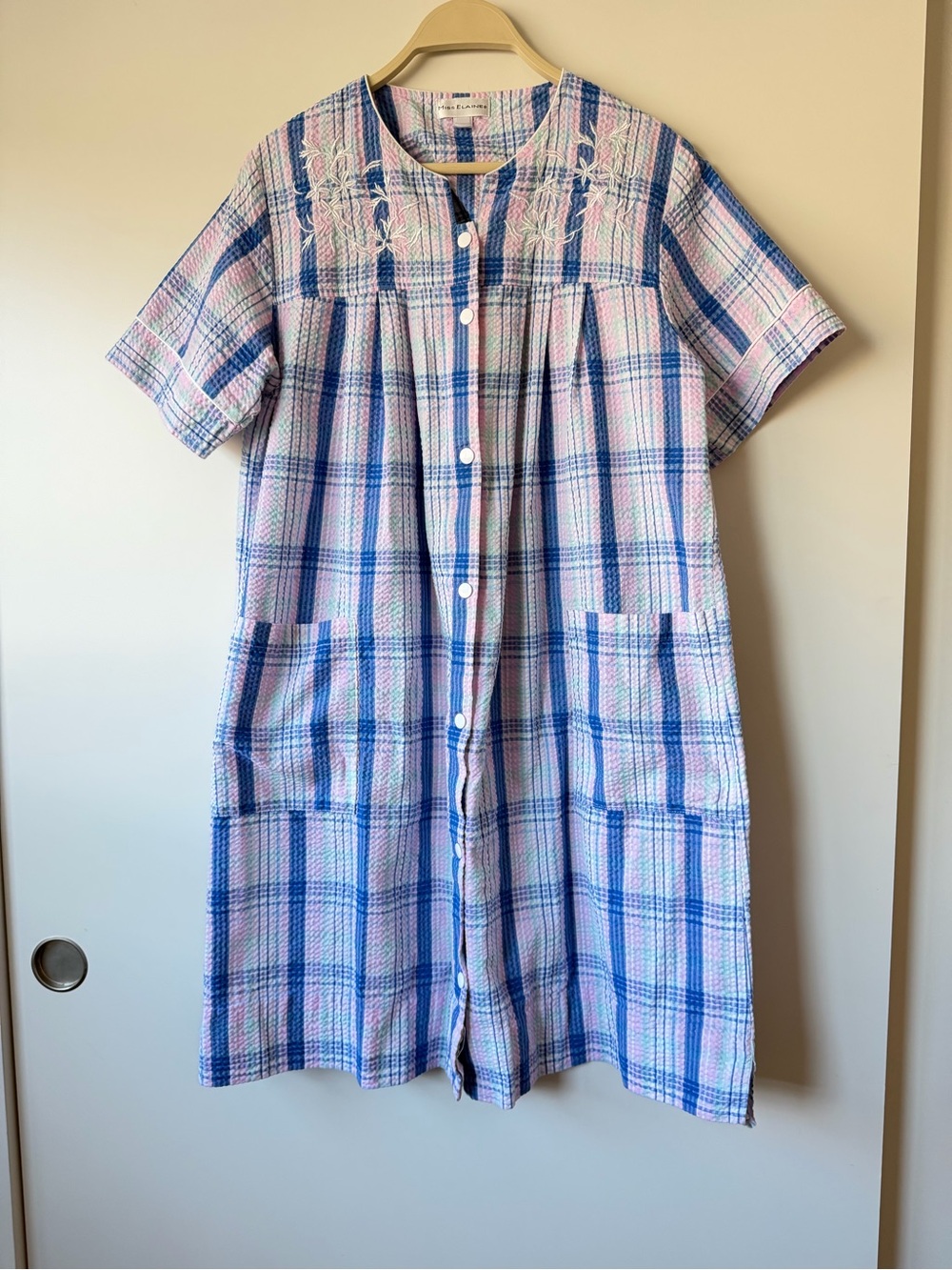 Miss Elaine Blue Plaid SEERSUCKER Snap House Dress Lounge Nightgown Robe